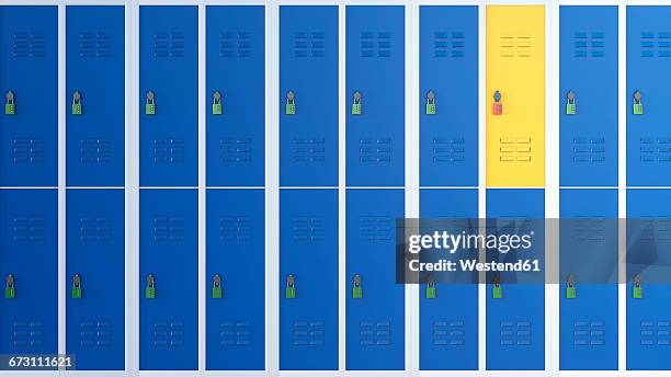 yellow locker between rows of blue lockers, 3d rendering - self storage stock illustrations