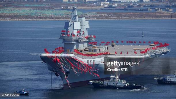 Type 001A, China's second aircraft carrier, is seen during a launch ceremony at Dalian shipyard in Dalian, northeast China's Liaoning Province, April...