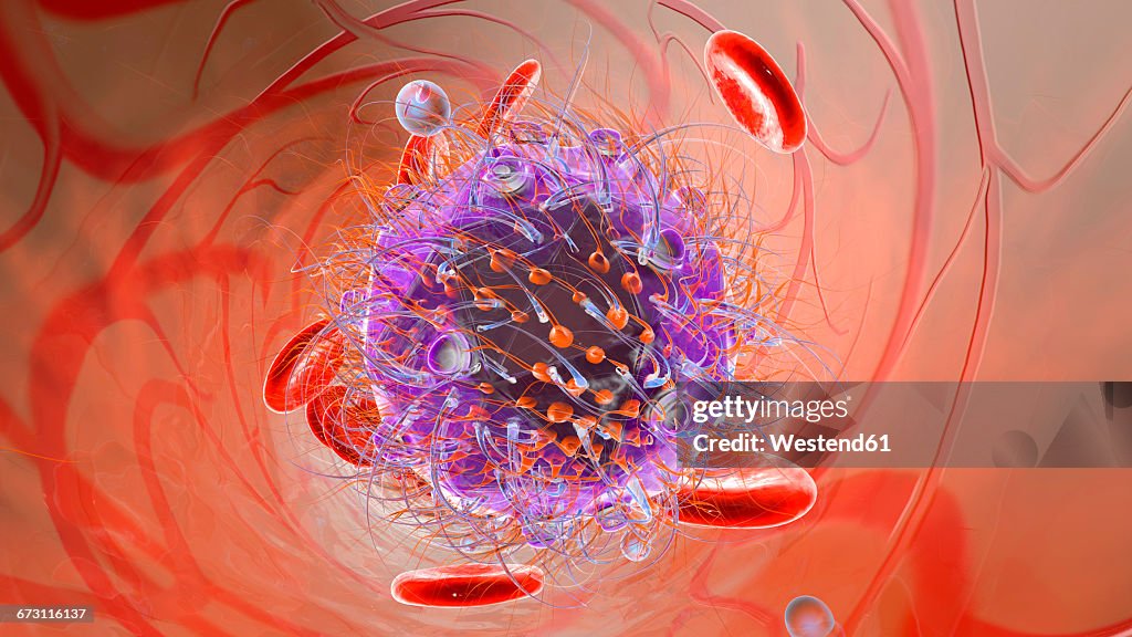 Virus with erythrocyte cells and oxygen in bloodstream, 3D Rendering