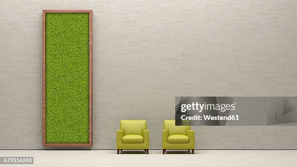 ilustraciones, imágenes clip art, dibujos animados e iconos de stock de two armchairs and living wall, 3d rendering - turf