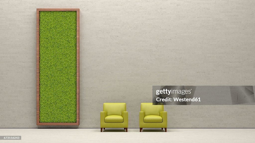 Two armchairs and living wall, 3D Rendering