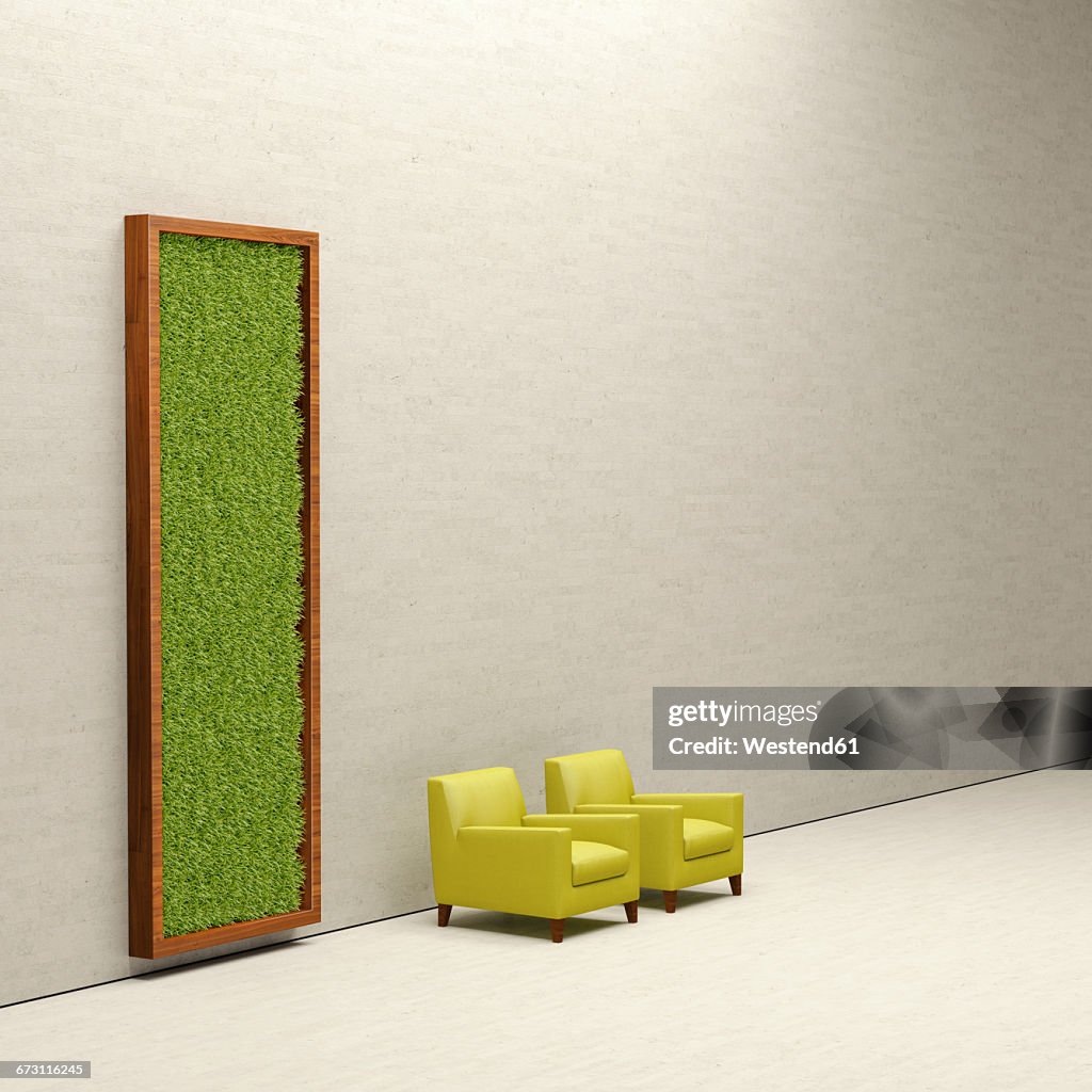 Two armchairs and living wall, 3D Rendering