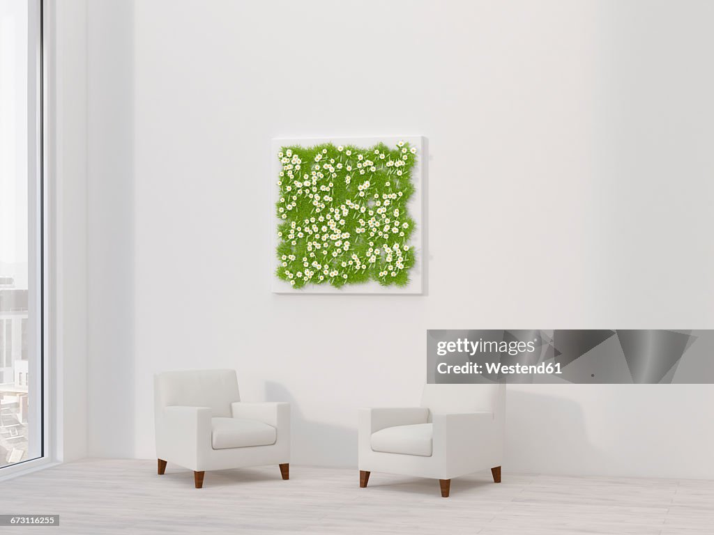 Two armchairs and living wall, 3D Rendering