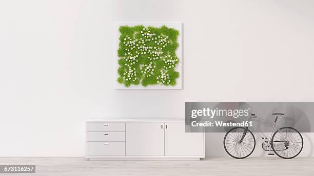 sideboard, bicycle and living wall, 3d rendering - furniture stock-grafiken, -clipart, -cartoons und -symbole