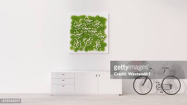 bildbanksillustrationer, clip art samt tecknat material och ikoner med sideboard, bicycle and living wall, 3d rendering - buffet table