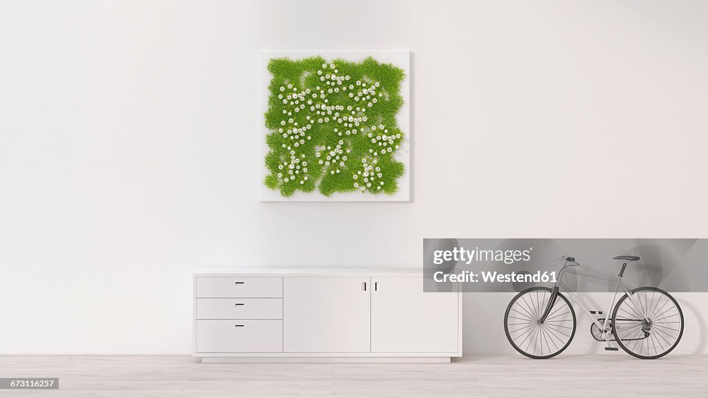 Sideboard, bicycle and living wall, 3D Rendering
