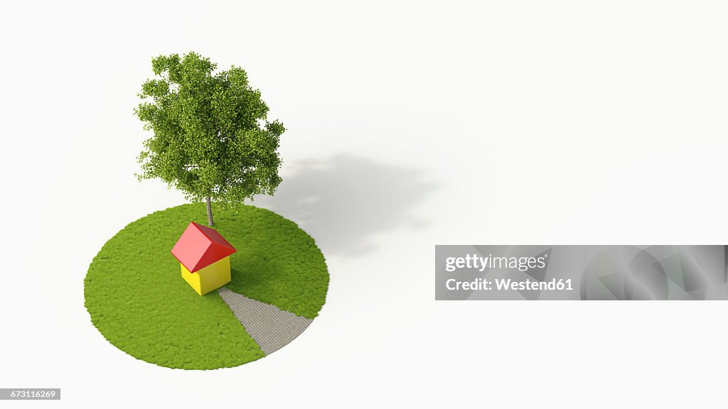 One-family house under a tree, 3D Rendering