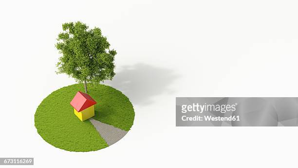 one-family house under a tree, 3d rendering - laubbaum stock-grafiken, -clipart, -cartoons und -symbole