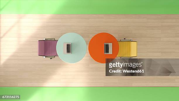 two workspaces seen from above, 3d rendering - office chair stock illustrations