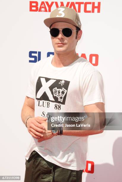 Actor Zac Efron attends the "Baywatch" SlowMo Marathon at Microsoft Square on April 22, 2017 in Los Angeles, California.