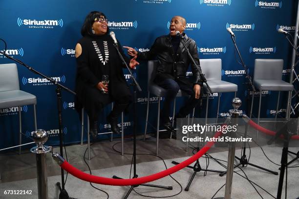 Sarah Dash and Freddie Jackson talk with Marc Benecke and Myra Scheer during a SiriusXM Town Hall taping on Studio 54 Radio celebrating the 40th...