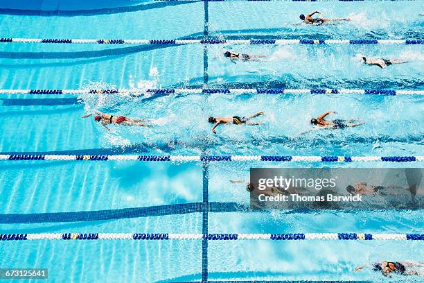 swimmer leading group of competitive swimmers - sports training facility stock pictures, royalty-free photos & images