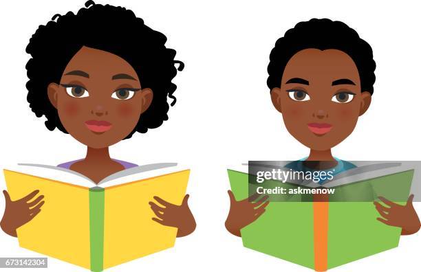 ilustraciones, imágenes clip art, dibujos animados e iconos de stock de niños y niñas africanas leyendo libros - analfabetismo