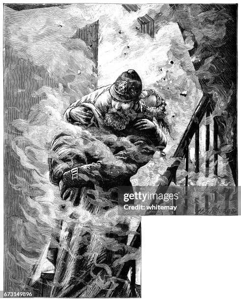 victorian fireman rescuing an injured person from a fire - fire firefighter stock illustrations