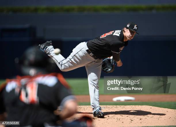 Tom Koehler of the Miami Marlins pitches during the first inning of a baseball game against the San Diego Padres at PETCO Park on April 23, 2017 in...