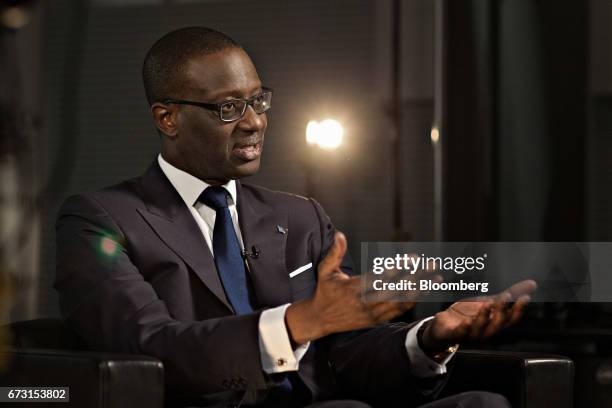 Tidjane Thiam, chief executive officer of Credit Suisse Group AG, gestures while speaking during a Bloomberg Television interview in Zurich,...