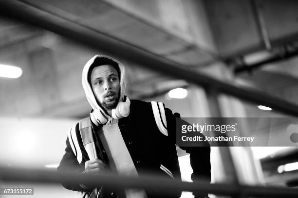 Stephen Curry of the Golden State Warriors arrives prior to the game against the Portland Trail Blazers during Game Four of the Western Conference...
