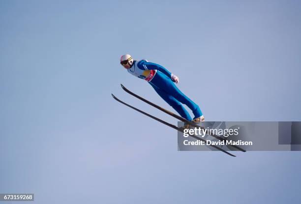 Matti Nykanen of Finland competes in the Large Hill event of the Ski Jumping Competition of the Winter Olympic Games on February 23, 1988 at Calgary...