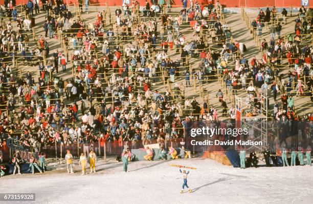 Matti Nykanen of Finland competes in the Large Hill event of the Ski Jumping Competition of the Winter Olympic Games on February 23, 1988 at Calgary...