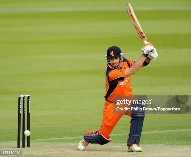 Tom Cooper of the Netherlands hits out during the Clydesdale Bank 40 Group A match against Middlesex at Lord's Cricket Ground in London on the 1st of...