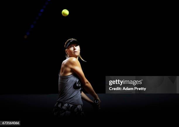 Maria Sharapova of Russia in action during training before her match against Roberta Vinci of Italy during the Porsche Tennis Grand Prix at Porsche...