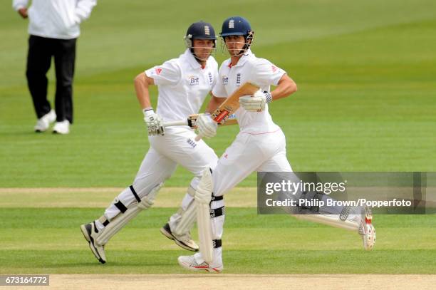 Alastair Cook and Jonathan Trott of England running during the 1st Test match against Sri Lanka at the Swalec Stadium at Cardiff, Wales on May 29,...