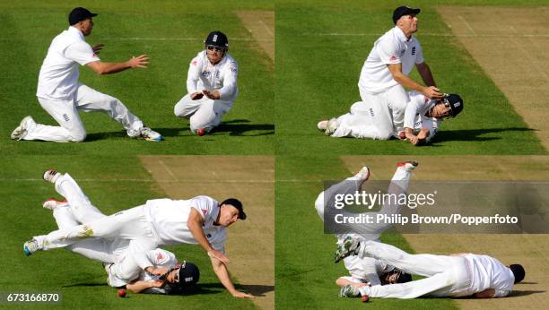 Composite image featuring Ian Bell of England as he collides with substitute fielder Stewart Walters attempting to catch Thisara Perera of Sri Lanka...