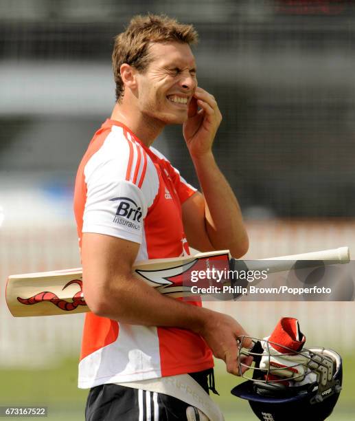 Chris Tremlett of England reacts during a training session before Friday's 2nd Test match against Sri Lanka at Lord's in London on June 2, 2011.