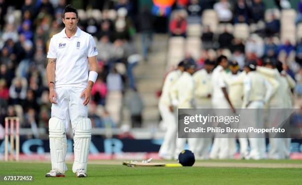 Kevin Pietersen of England waits for his new batting partner after the dismissal of Alastair Cook during the 3rd Test match against Sri Lanka at the...