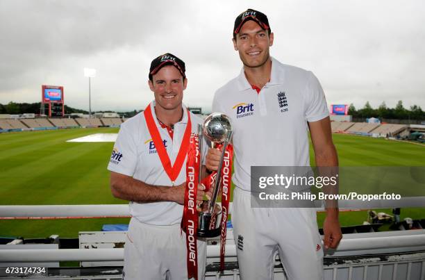 England Captain Andrew Strauss with man of the match, and the series Chris Tremlett, holding the series trophy after day five of the 3rd npower Test...