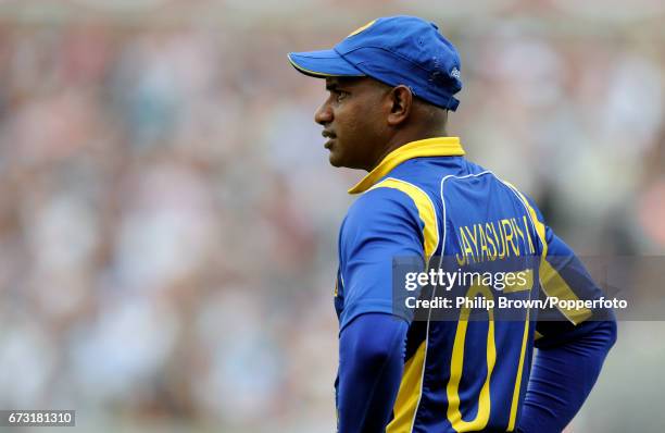 Sri Lanka's Sanath Jayasuriya looks on in the field during the first one-day international cricket match against England at the Oval in London,...