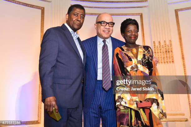 William T. Williams, Darren Walker and Thelma Golden attend Skowhegan Awards Dinner 2017 at The Plaza Hotel on April 25, 2017 in New York City.