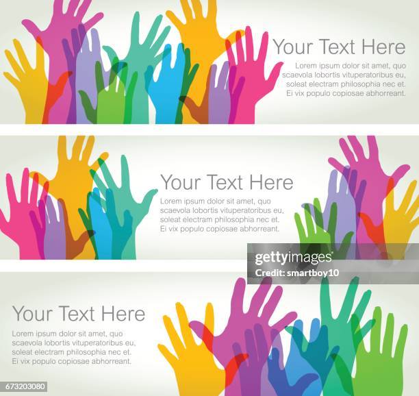 hands held high - horizontal banners - diversity concepts stock illustrations