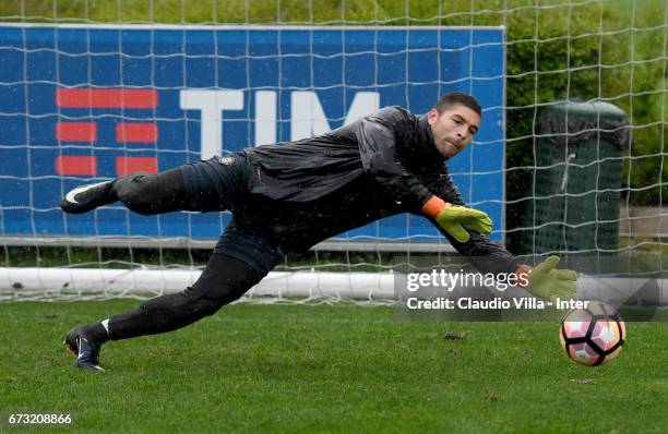 Juan Pablo Carrizo of FC Internazionale in action during FC Internazionale training session at Suning Training Center at Appiano Gentile on April 26,...