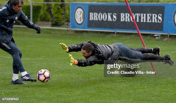 Juan Pablo Carrizo of FC Internazionale in action during FC Internazionale training session at Suning Training Center at Appiano Gentile on April 26,...