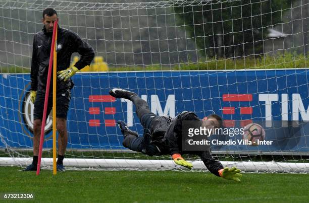 Juan Pablo Carrizo of FC Internazionale in action during FC Internazionale training session at Suning Training Center at Appiano Gentile on April 26,...