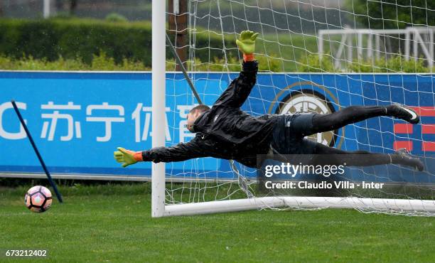 Juan Pablo Carrizo of FC Internazionale in action during FC Internazionale training session at Suning Training Center at Appiano Gentile on April 26,...