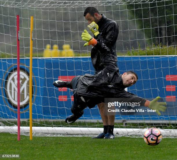 Juan Pablo Carrizo of FC Internazionale in action during FC Internazionale training session at Suning Training Center at Appiano Gentile on April 26,...