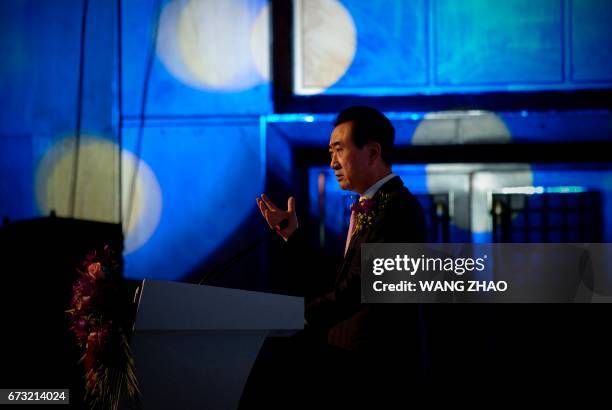 Chairman of China's Wanda Group Wang Jianlin delivers a speech during the Signing Ceremony for the Strategic Partnership between Wanda Group and The...