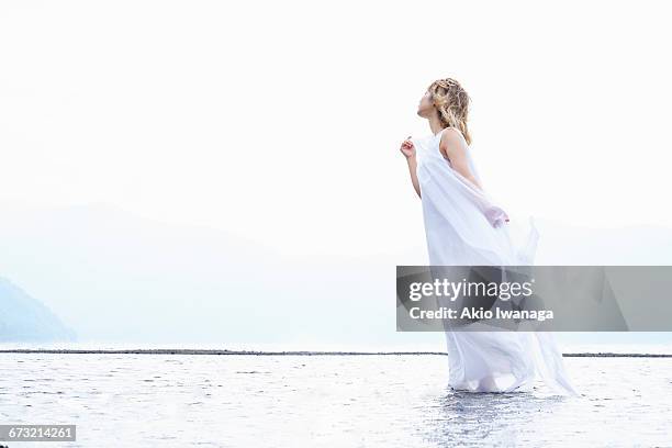 japanese woman standing in lake - akio iwanaga 個照片及圖片檔