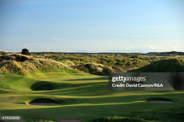 General view of the green on the par 3, 12th hole at Royal Birkdale Golf Club, the host course for the 2017 Open Championship on April 24, 2017 in...