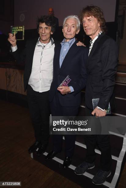 Ronnie Wood, Charlie Watts and Mick Jagger attend the Jazz FM Awards 2017 at Shoreditch Town Hall on April 25, 2017 in London, England.