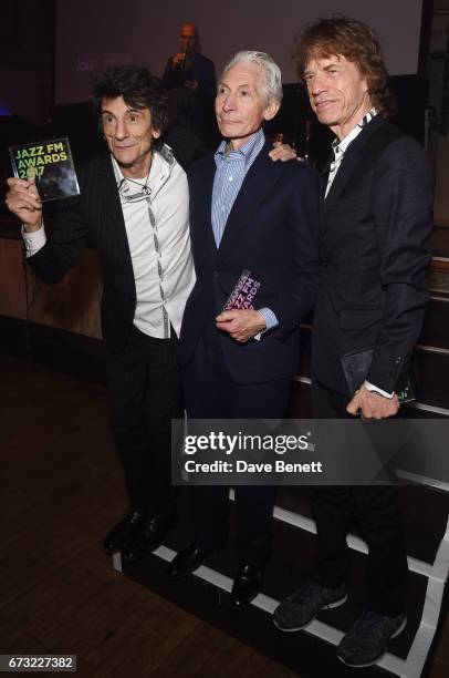 Ronnie Wood, Charlie Watts and Mick Jagger attend the Jazz FM Awards 2017 at Shoreditch Town Hall on April 25, 2017 in London, England.