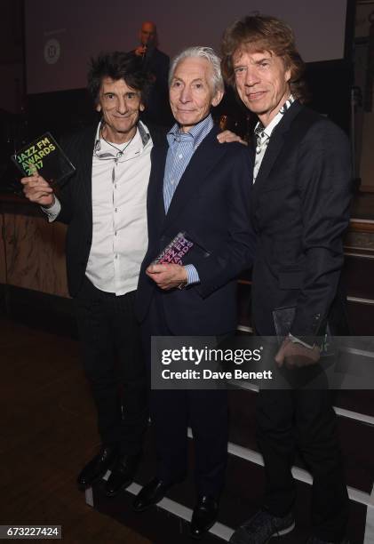 Ronnie Wood, Charlie Watts and Mick Jagger attend the Jazz FM Awards 2017 at Shoreditch Town Hall on April 25, 2017 in London, England.