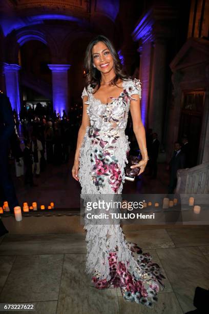 At the evening gala OF MontBlanc for Unicef at the New York Public Library, the model Touriya Haoud poses for Paris Match on april 04, 2017 in New...
