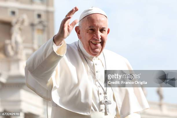 Pope Francis greets faithful the weekly audience in St. Peter's Square on April 26, 2017 in Vatican City, Vatican. Pope Francis will travel to Egypt...
