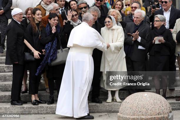 Pope Francis greets Italian dancer Carla Fracci during the weekly audience in St. Peter's Square on April 26, 2017 in Vatican City, Vatican. Pope...