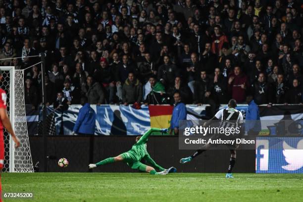 Karl Toko Ekambi of Angers scores a goal during the Semi final of the French Cup match between Angers and Guingamp at Stade Jean Bouin on April 25,...