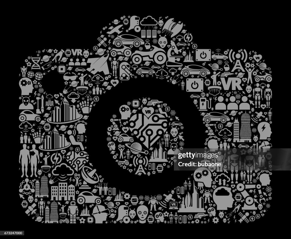 Toekomst van de camera en futuristische technologie zwarte pictogramachtergrond