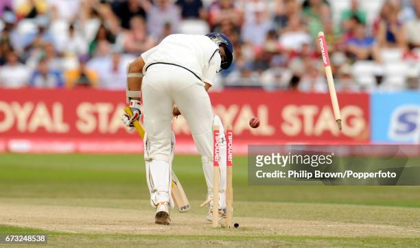 India's VVS Laxman is bowled for 4 by England's James Anderson during the 2nd Test match at Trent Bridge in Nottingham on August 1, 2011.